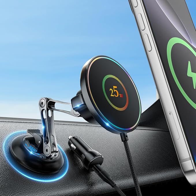 for 25W MagSafe Car Mount Charger, Magnetic Wireless Car Charger with 45W Adapter [120 LBS Strongest Suction] 360°Adjustable Metal Head, Vacuum Suction Cup Phone Mount for iPhone 12-17 Series