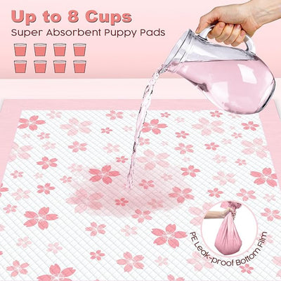 MIZOK Dog Pee Pads Extra Large 28"x34", Potty Pads for Big Dog Breeds, Super Absorbent & Leak-Proof, Pink Cherry Blossom Prints, Thick & Heavy, 4-Corner Adhesive Tabs, XL (50 Counts)