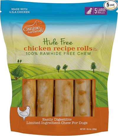 Canine Naturals Chicken Recipe Chew - Rawhide Free Dog Treats - Made from USA Raised Chicken - All-Natural and Easily Digestible - 5 Pack of 7 Inch Large Rolls for Dogs 50-75lb