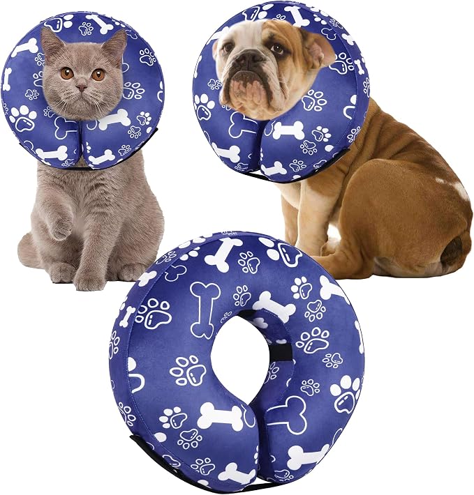 Recovery Donut Collar for Dogs & Cat,Inflatable Dog Cone Collar Alternative After Surgery,Soft Cone for Large Medium Small Dog,Adjustable Pet Neck Donut(Darkblue Bone,Medium+