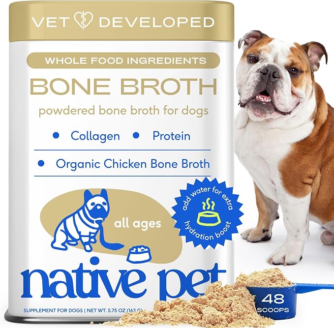 Bone Broth for Dogs and Cats - Chicken Bone Broth Powder Dog Food Toppers for Picky Eaters - Provides Extra Nutrition for Joint Strength, Immune Support & Heart Health - 48 Scoops