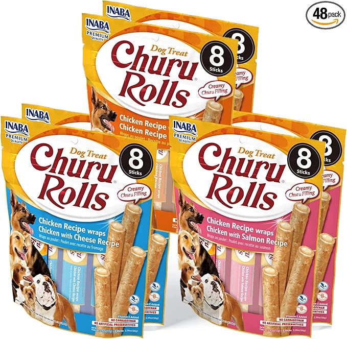 Churu Rolls for Dogs, Grain-Free, Soft/Chewy Baked Chicken Wrapped Churu Filled Dog Treats, 0.42 Ounces Each Stick (8 Sticks per Pack), 3 Flavor Variety Pack (48 Sticks)
