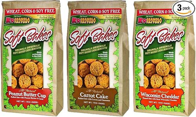 K9 Granola Factory 3 Flavor Soft Bakes Dog Treat Variety Pack, 12 Ounces Each of Peanut Butter Cup & Carrot Cake & Wisconsin Cheddar