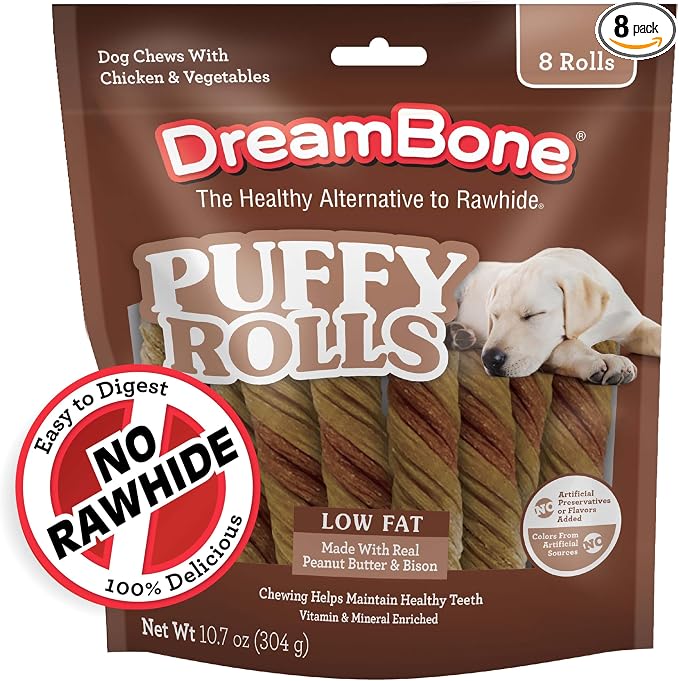 Puffy Rolls Chews for Dogs, 8 Count, Treat Your Dog to Easy-to-Digest Rawhide-Free Chews Made with Real Peanut Butter and Bison