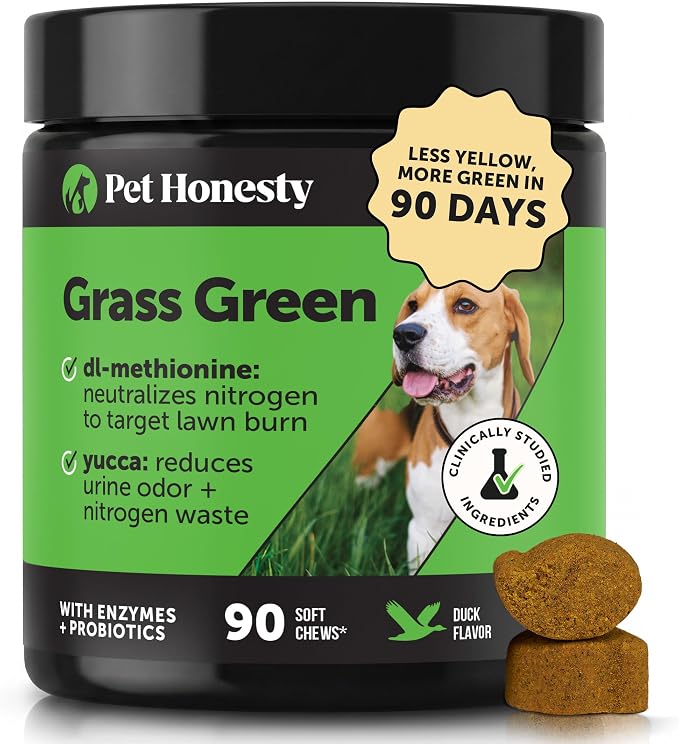 Grass Green Dog Urine Neutralizer for Lawns - Stops Yellow Burn Spots & Brown Grass - Lawn Saver Supplement with dl-Methionine, Probiotics & Digestive Enzymes - Green Grass Chews (Duck, 90 Ct)