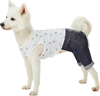 Blueberry Pet Summer Vacation Beach Cotton 4 Legged Onesie Dog Shirt with Denim Colored Pants, Sea Lover Nautical Striped Jumpsuit, Back Length 14", for Small Medium Dogs