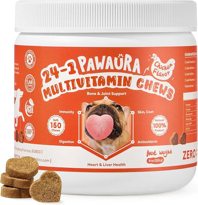 24-in-1 Multivitamin Dog Supplement, 150 Soft Chews – Glucosamine & Chondroitin for Joint Support, Probiotics for Gut Health, Omega Fish Oil for Skin & Coat, Daily Dog Vitamins