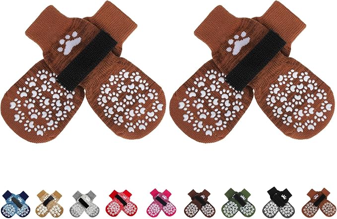 Anti Slip Dog Socks to Prevent Licking Paws, Dog Shoes for Hot Pavement, Dog Booties for Small Medium Large Senior Dogs, Traction Control Boots & Paw Protectors for Hardwood Floors Caramel