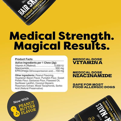 Medical-Strength Hair Skin & Nails Dog Supplement | Vitamin A, Niacinamide and EPA Omega 3 for Dogs | Super Nutrients to Boost Skin Health, Prevent Irritation & Promote Stronger Nails | 90 Chews