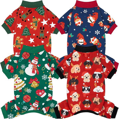 XPUDAC 4 Pack Dog Christmas Pajamas Stretchy Dog Clothes for Small Medium Dogs Girl Boy Christmas Puppy Outfit Pet Jumpsuits Pjs Winter Cat Costume, S