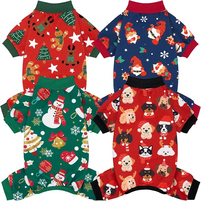 4 Pack Dog Christmas Pajamas Stretchy Dog Clothes for Small Medium Dogs Girl Boy Christmas Puppy Outfit Pet Jumpsuits Pjs Winter Cat Costume, L