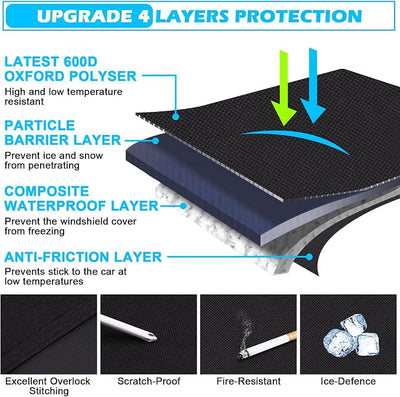 Tevlaphee Windshield Cover for Ice and Snow, Heavy Duty 600D Oxford Fabric, Waterproof, Embedded Magnets, Side Mirror Protector, Fit Most Cars, SUVs, Vans, Truck
