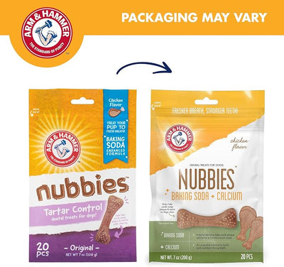 Arm & Hammer for Pets Nubbies Dental Treats Baking Soda Calcium Nubbed Texture Helps Scrub Plaque Tartar Chicken Flavor Daily Oral Care 20 Count 7 OZ Single Bag Daily Home Dental Care Bag