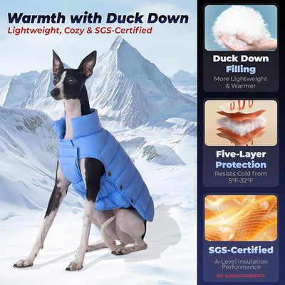SPACE LION Dog Puffer Jacket, Down Winter Coat, Durable Outdoor Coat for Cold and Windy Conditions, Lightweight & Adjustable Fit Coats for Medium & Large Dogs, (Blue, Size20/XL)