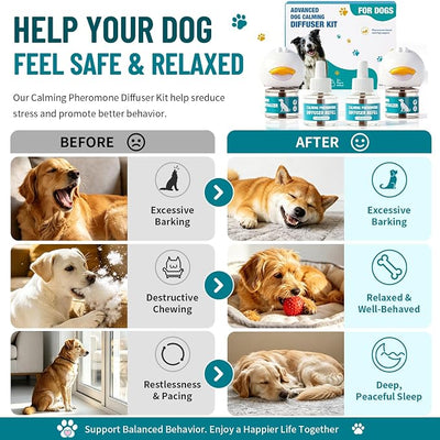 Dog Calming Diffuser, Calming Pheromones Diffuser Starter Kit for Anxiety Relief Reduce Barking Aggression Stress with 2 Plug-in + 4 Refill