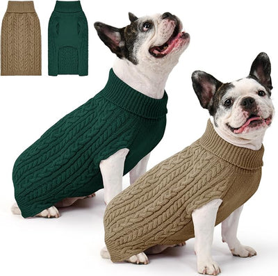 Dog Sweater 2 Pack for Medium Dogs, Size L, Green & Brown | Stretchy cable knit turtleneck, machine washable, high belly cut, comfy winter fit for French Bulldog, Corgi