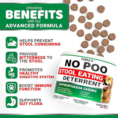 YUMA'S No Poo Chews for Dogs - 170 Treats - Coprophagia & Stool Eating Deterrent for Dogs - Stop Eating Poop for Canine - Probiotics & Digestive Enzymes Supplement - Gut Health - Made in USA