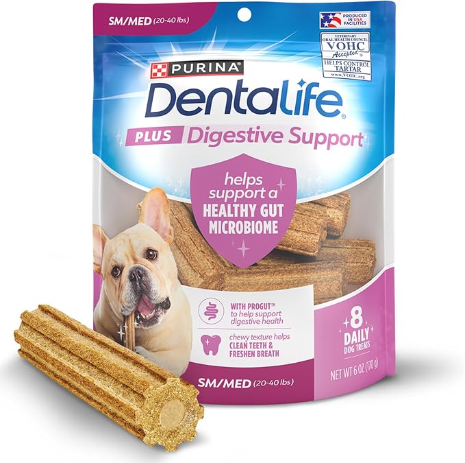 Plus Digestive Support Dog Treats for Small and Medium Dogs 20-40 lbs., Cleans Teeth, Freshens Breath, & Supports Healthy Gut, Chicken & Pumpkin Flavor, 6 oz., 8 Chews - 6 oz. Pouch