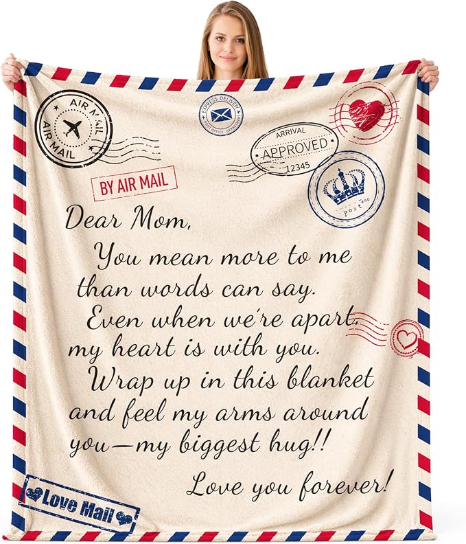 Birthday Gifts for Mum from Daughter Son,to My Mom Soft Throw Blanket, Custom Air Mail Love Letter Dear Mother Cozy Flannel Blanket Presents for Mom 50x60 Inches