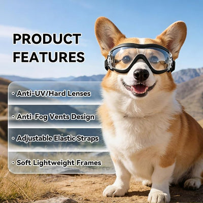 Enjoying Clear Dog Goggles Medium-Small Breed, UV Protection Dog Sunglasses for Medium Dogs, Windproof Dust-Proof, Dog Eye Protection for Outside Cycling Driving, Adjustable Straps, Clear