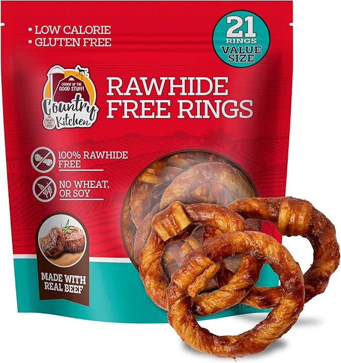 Rawhide Free Beef Rings Dog Chews, Made with Real Beef, Highly Digestible, Gluten Free, 21 Count