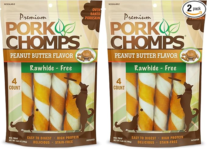 Baked Pork Skin Dog Chew, 6-inch Twists, Peanut Butter Wrap, 4 Count (Pack of 2)