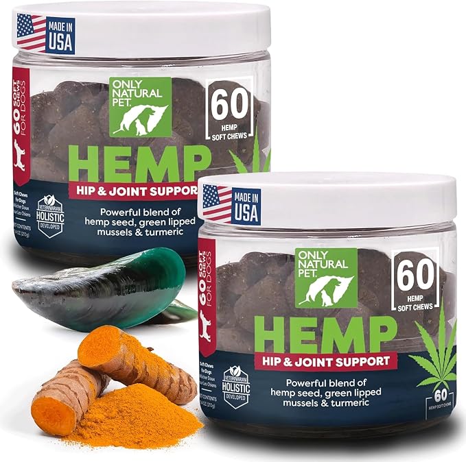 Hemp Hip & Joint Support for Dogs - Supplement for Mobility Wellness Pain Relief Healthy Inflammatory & Bone Stiffness - Chews w/Fatty Acid Blend Mussels & Turmeric - 60-Ct (2-Packs)