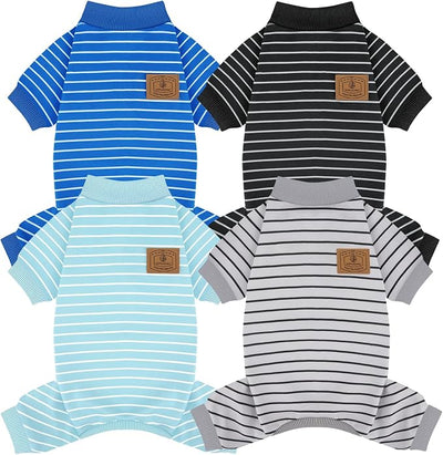 XPUDAC 4 Pack Dog Pajamas Striped Dog Clothes for Small Medium Dogs Girl Boy Comfy Puppy Outfit Doggy Jammies Onesie Pet Costume, Blue, Grey, Green, S