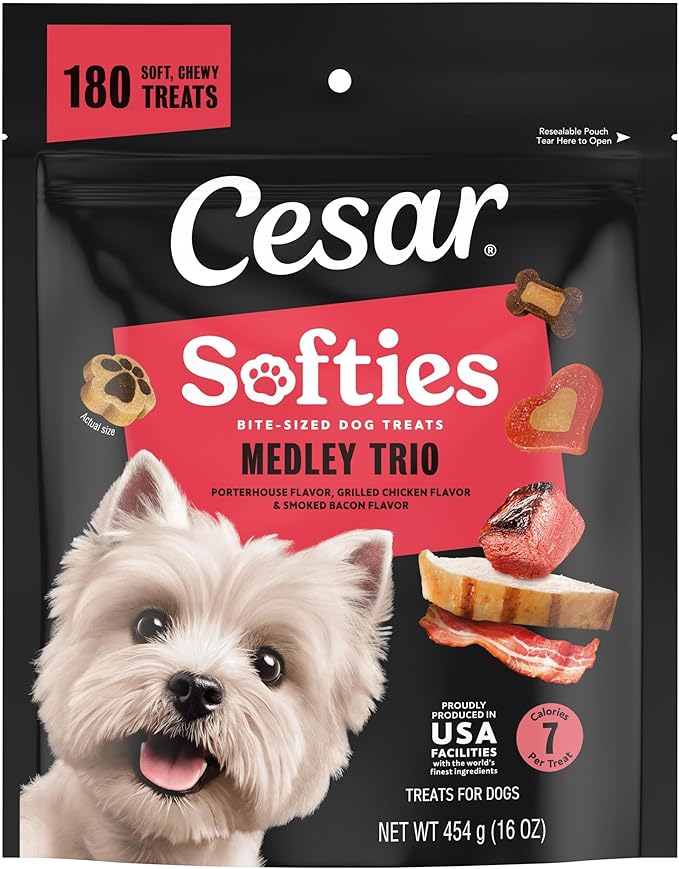 Softies Chewy Soft Dog Treats, Medley Trio Featuring Porterhouse Flavor, Grilled Chicken Flavor, and Smoked Bacon Flavor, 16 oz. Pouch, 180 Treats