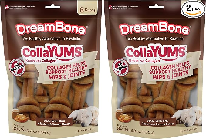 DreamBone CollaYUMS Knots Plus Collagen Chews for Dogs, 8 Count, Treat Your Dog to Rawhide-Free Chews Made with Chicken, Vegetables and Peanut Butter (Pack of 2)