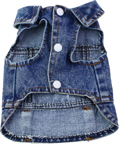 Puppy Denim Dog Jeans Jacket for Small Medium Dogs & Cats - Vintage Washed Lapel Vests with Scratch-Resistant Design
