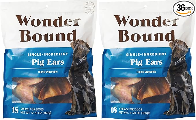Amazon Brand - Whole Pig Ears, Ingredient, Highly Digestible, Dog Treats for Puppy and Large/Medium Dogs, Pork, 12.7 Ounce, 18 Count (Pack of 2)
