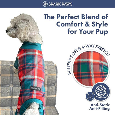 Spark Paws Dog Christmas Pajama, Dog Recovery Suit Male, Onesie, Ultra-Soft and 4-Way Stretch, for Small Medium and Large Breeds - Green and Red Plaid - 5XL