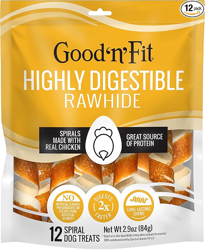 Good ‘n’ Fit Spirals Made with Real Chicken, 12 Count, Treat Your Dog to Long-Lasting and Highly Digestible Rawhide Chews