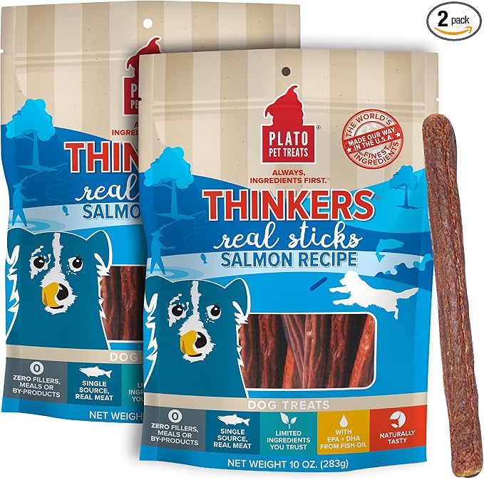 Plato Pet Treats Thinkers - Meat Stick Treats for Dogs - Limited Ingredient with EPA and DHA to Support Skin, Coat, and Brain - Air-Dried - Thinkers Salmon 10oz - 2 Pack