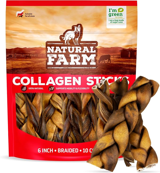 Braided Collagen Chews for Dogs (6 Inch, 10 Pack), Collagen Sticks, Natural Dog Chews, Long Lasting, for Small, Medium and Large Dogs, Odor-Free, Rawhide Alternative