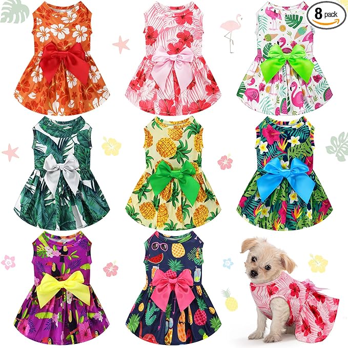 8 Pcs Summer Themed Hawaii Dog Dresses Holiday Flamingo Fruit Floral Pattern Pet Skirts Hawaii Puppy Princess Dresses Outfits Bowknot for Girl Dogs Cats Beach(Small)