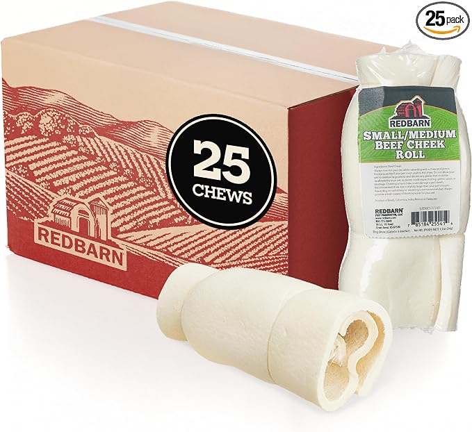 Pet Products All-Natural Beef Cheek Rolls for Dogs, Grain-Free Cow Cheeks, Naturally Rich in Collagen, Available in Chicken & Carrot Glaze or Uncoated (Original, Small/Medium (Pack of 25))