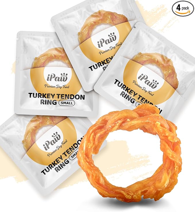 iPaw Turkey Tendons for Dogs, 100% Turkey and US Sourced Raw Material, Hypoallergenic, All Natural Human Grade Puppy Chew, Rawhide Alternative Dog Treats, 4 Units/Pack Ring (Small)