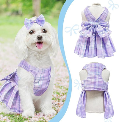 Dog Dress Bowknot Harness Leash Set for Small Dogs Girl Cute Plaid Dog Dress Pearls Bow Tie Spring Summer Princess Clothes Birthday Holiday Doggie Outfits for Puppy Cats Girl (Purple, Small)