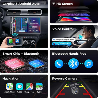 7" Double Din Car Stereo, Wireless Apple Carplay & Android Auto, HD Touchscreen, Bluetooth, 240W, SWC, Subwoofer Output, FM/AM, Mirror Link, Backup Camera, Car Radio Receiver