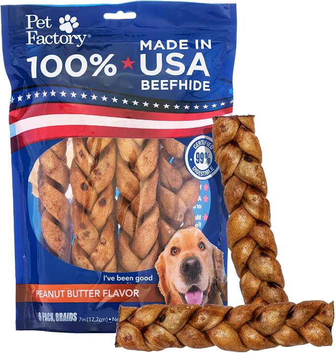 7in Braided Beefhide Dog Chew Sticks with Peanut Butter Flavor - 100% USA Made Rawhide Chews for Medium Dogs, Long Lasting Dental Health, 7 inches (Pack of 6)