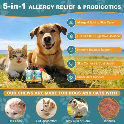 Dog Allergy Chews, Allergy Immune Bites for Dogs, Itching Skin Relief, Itchy Ears, Anti Itch, Paw Licking Treatment, Seasonal Allergies, Dog Probiotics for Digestive Health & Gut Health, 180 Chews
