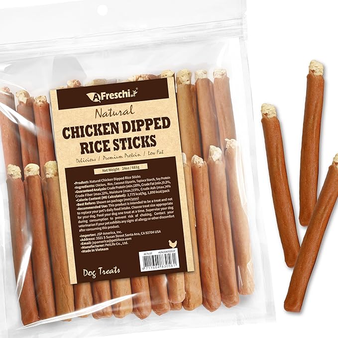 Afreschi Chicken Dog Treats, All Natural, Healthy & Easily Digestible, Grain-Free Puppy Chews, Low-Fat, Human Grade Training & Rewards Dog Snacks, Rice Sticks, 24 oz Pack