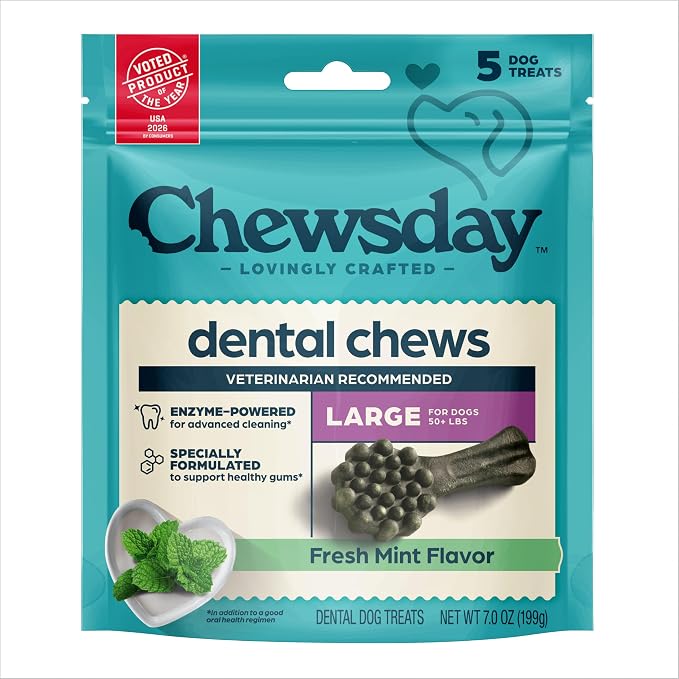 Fresh Mint Flavor Dental Chews, Large Dog Treats, Healthier Teeth and Fresher Breath, Enzyme Powered for Advanced Cleaning, Made in the USA, 5 Count