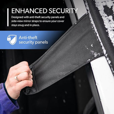 FrostGuard Plus | Winter Windshield Cover for Ice and Snow, Standard Size (Black) - Built-in Security Panels, Wiper Blade Coverage + Mirror Covers - Fits Standard Size Cars, 59 x 41 Inches