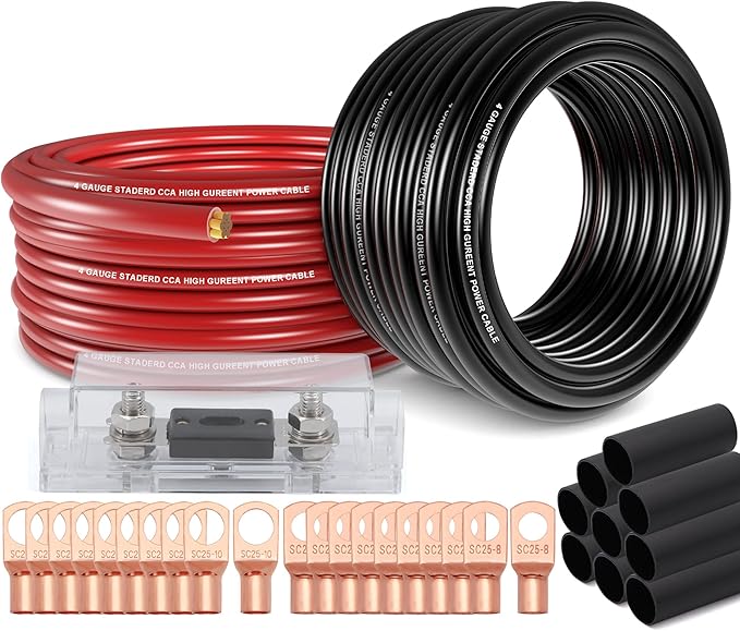 4 Gauge Wire (25ft Each - Red/Black) Copper Clad Aluminum CCA - Primary Automotive Wire,Battery Power/Ground Cable, 20PCS Lugs Terminal Connectors,20PCS 3:1 Heat Shrink Tubing with 100A ANL Fuse