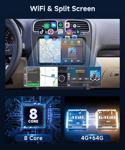 4+64G Android Car Radio Stereo with Wireless Carplay for VW Passat Tiguan Golf MK5 MK6 Jetta Skoda Seat Polo 9 Inch Capacitive Touch Screen Android Auto GPS Navigation Bluetooth FM GPS Radio