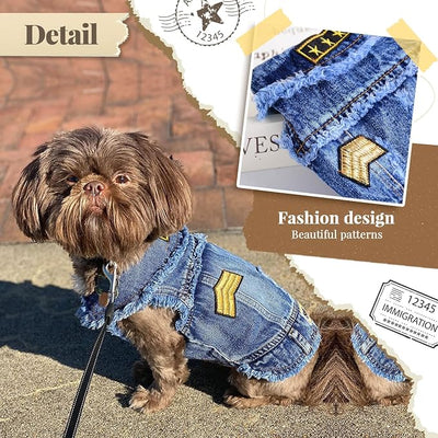 Cool Dog Jean Jacket Small Puppy Outfits Frenchie Clothes Denim Coats for Small Medium Dogs Cats Boys Girls Pet Vest Dog Shirt Clothing Doggy Costume (Blue Print, M（Suggest 6-9 lbs）)