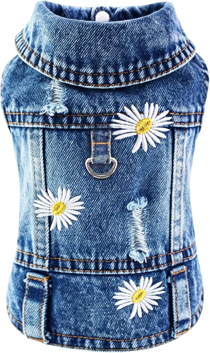 Dog Jean Jacket, Blue Denim Shirt Classic Lapel Vest Coat Costume Puppy T-Shirt, Comfort Tank Top Cool Apparel, Washed Pet Clothes for Dogs Boy Girl (Daisy Meadow with D-Ring, XX-Large)